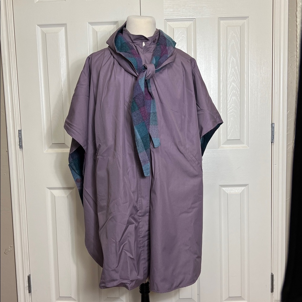 Vtg J Gallery Reversible Lavender /Checkered Poncho Cape Coat With Scarf Sz L